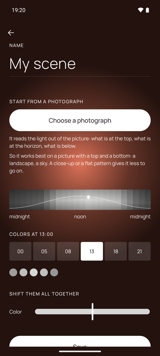 The scene editor: a name, a button to choose a photograph, the day strip, six key hours from midnight to nine at night, and a slider that shifts all the colours together.
