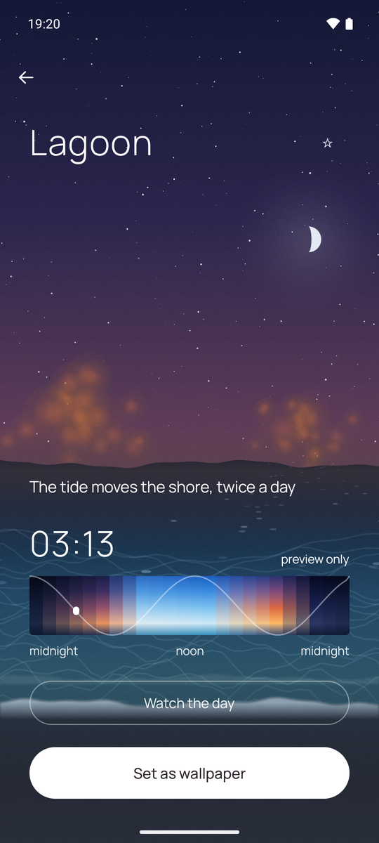 The Lagoon scene open at 03:13, marked preview only: a crescent moon over a dark lagoon, the day strip below, and two buttons - Watch the day, and Set as wallpaper.