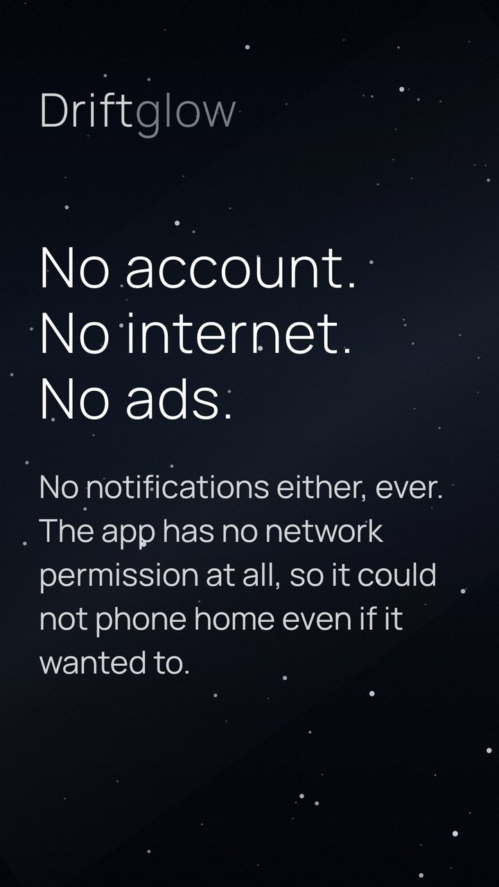 The Sidereal scene at two in the morning, a field of stars, under the words: no account, no internet, no ads.